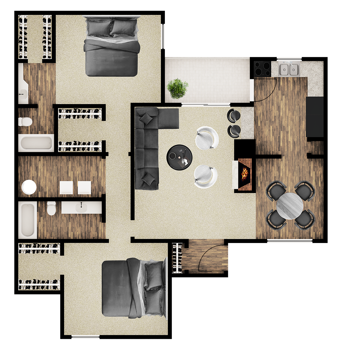 Floor plan for 2 beds, 2 baths, 1189 sqft